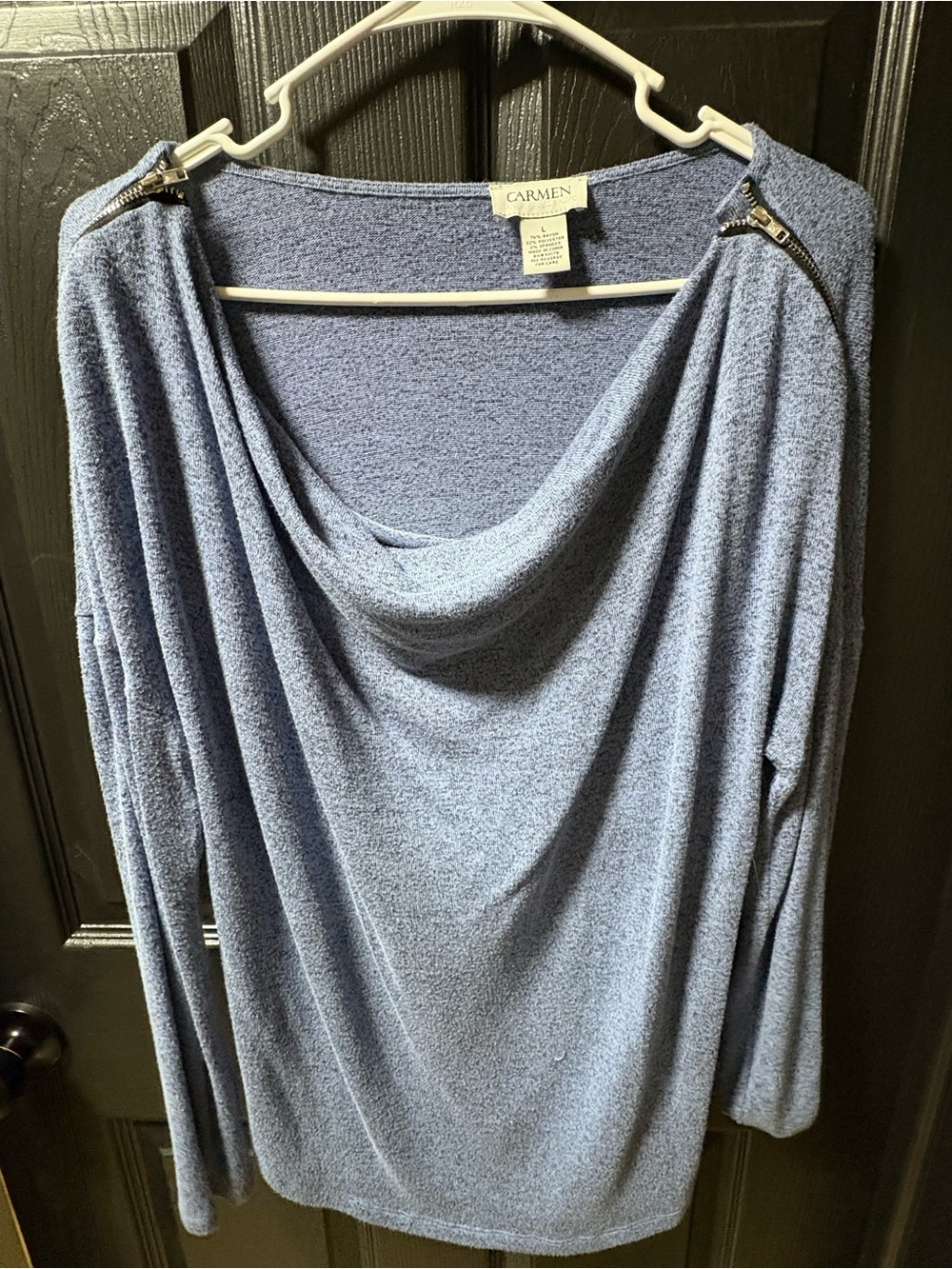 Carmen Marc Valvo Navy Blue Open-Shoulder Draped Sweater